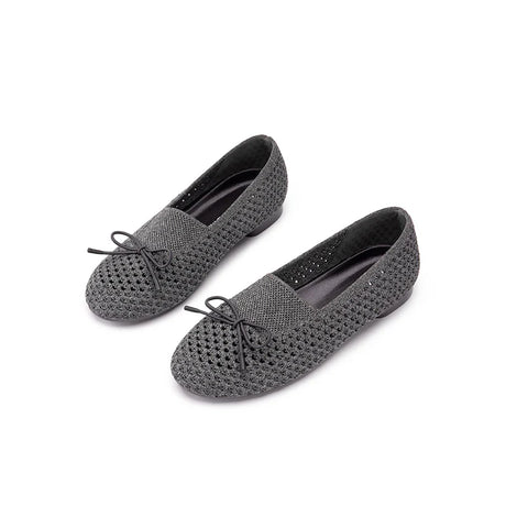 Bow Hollow Mesh Knit Round Toe Low Heel Flats - Charcoal