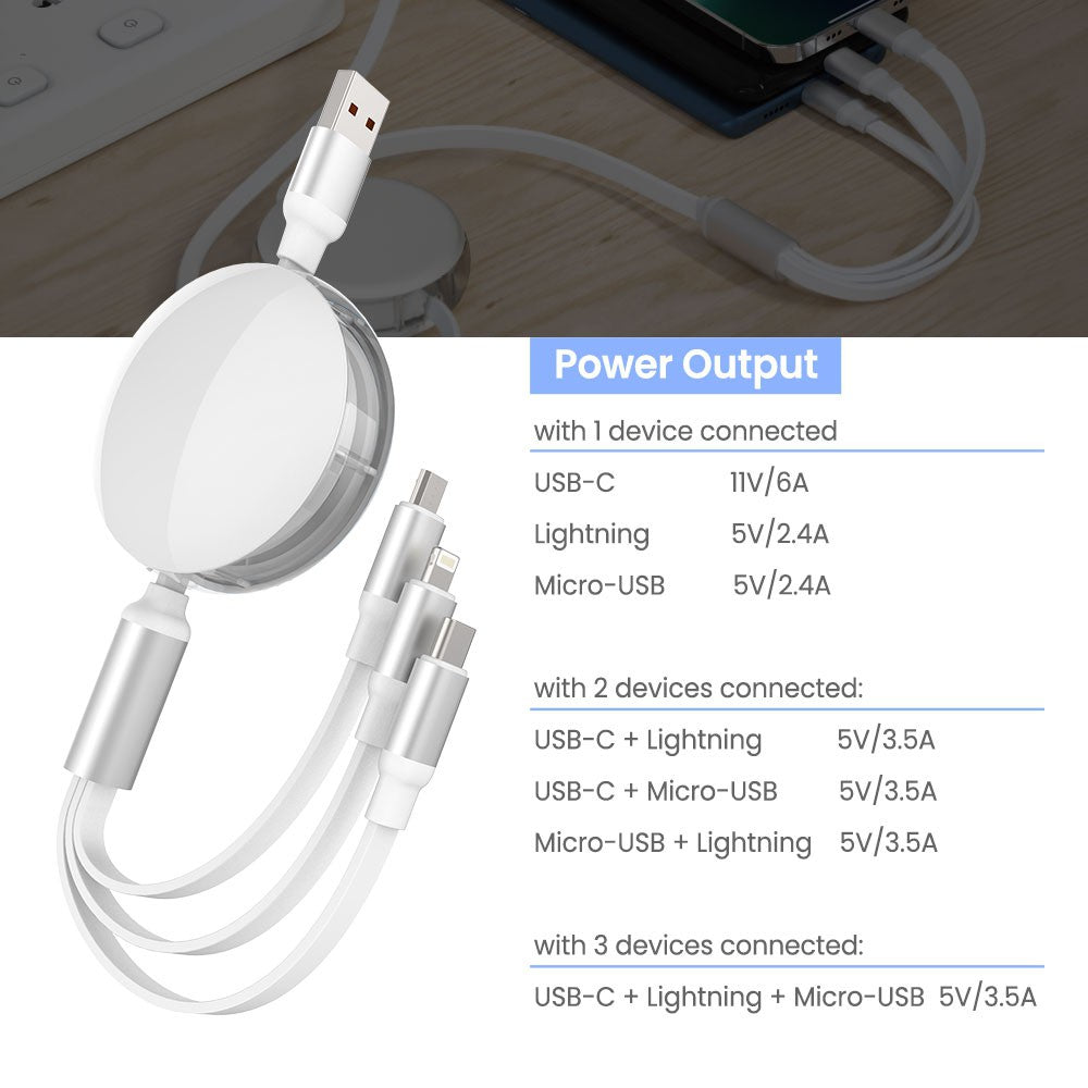 iQuick 3 in 1 Retractable Fast Charge Data Sync Cable USB Type-C Micro USB Pin