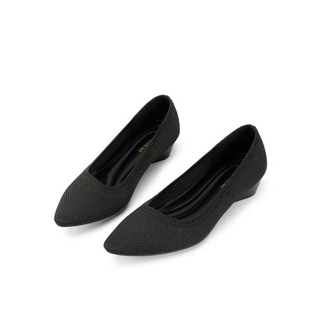 Diagonal Cut Knit Pointed Toe Wedge Flats - Black
