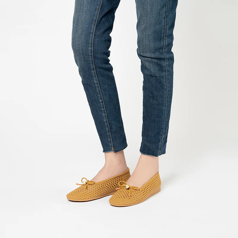 Pearl Bow Heart Mesh Knit Round Toe Wedge Flats - Tan