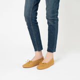 Pearl Bow Heart Mesh Knit Round Toe Wedge Flats - Tan