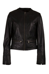 Womens Round Neck Black Leather Jacket
