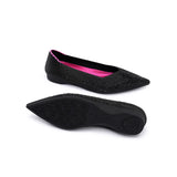 Rhinestone Knit Pointed Toe Ballet Flats - Black
