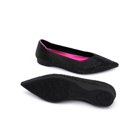 Rhinestone Knit Pointed Toe Ballet Flats - Black
