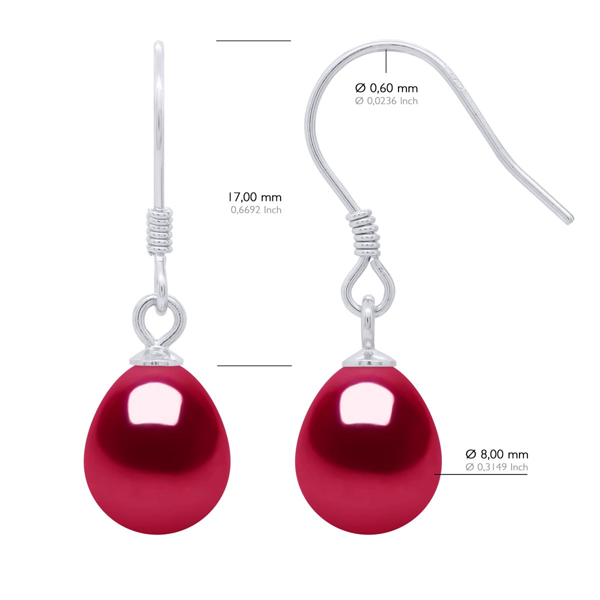 Earrings Real Cultured Freshwater Pearls Pear 8-9 mm - Cherry - Longueur 42 cm