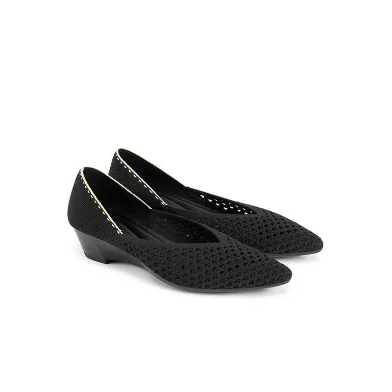 Open Weave Pointed Toe Wedge Work Shoes - Black