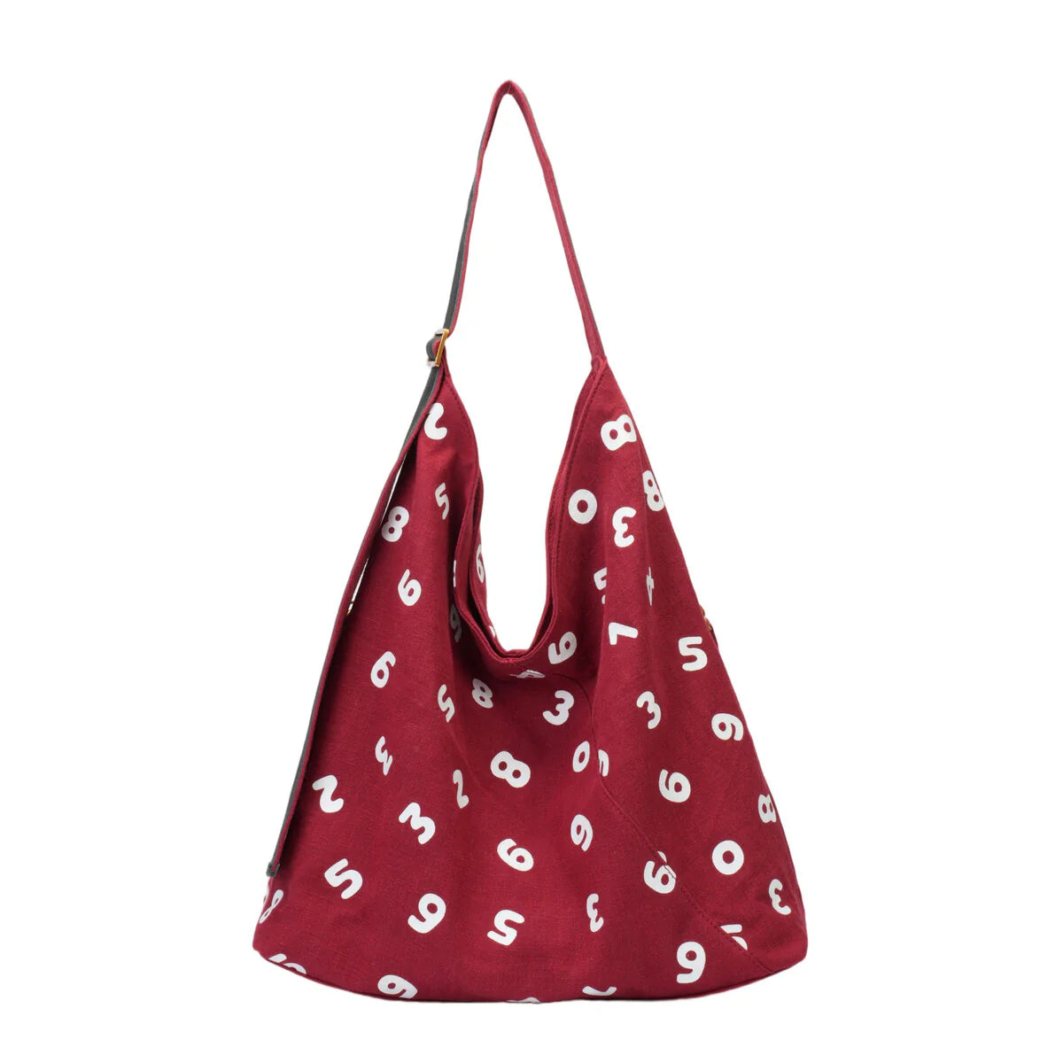 BAMEI Natural Ramie Oversized Hobo Tote Bag with Number Print & Leather Strap - Red