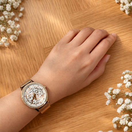 Boxed Bullion Gold Elite watch and Bracelet Set Embellished with Crystals in Rose Gold