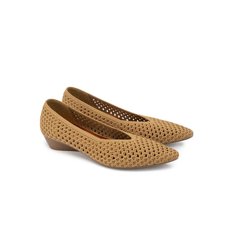 Heart Mesh Knit Pointed Toe Wedge Pumps - Tan