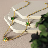 Bullion Gold Square Bezel Station Necklace in Emerald Green