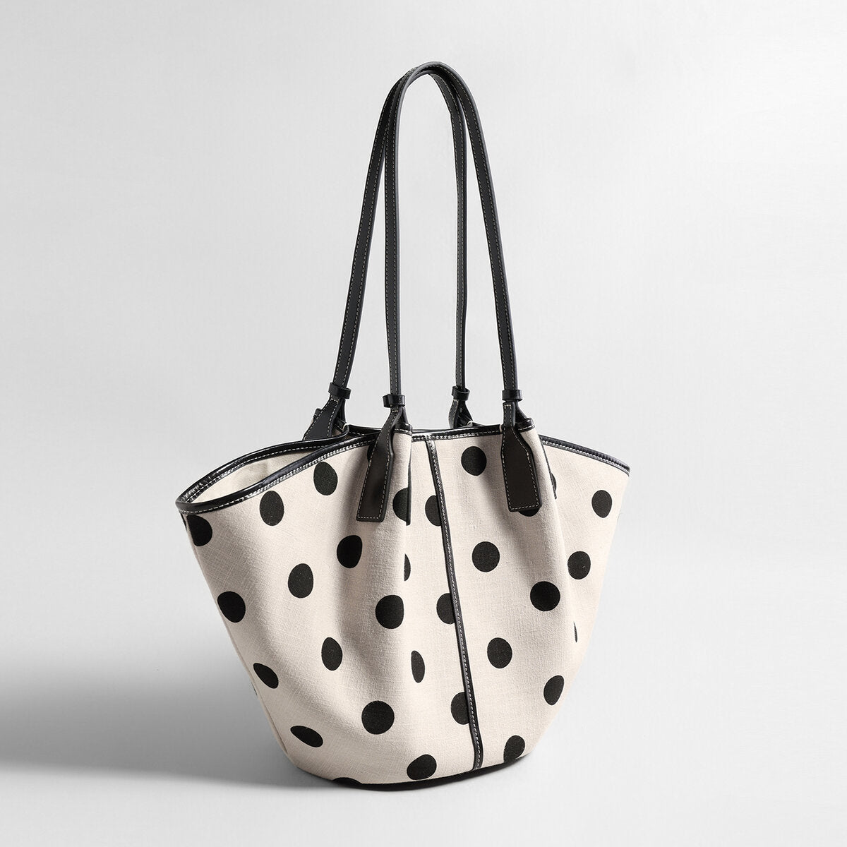 Polka Dot Canvas Basket Tote Bag - Ivory