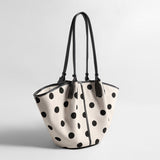 Polka Dot Canvas Basket Tote Bag - Ivory