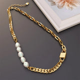 Bullion Gold Paperclip Cuban Chain Link Pearl Necklace in Gold