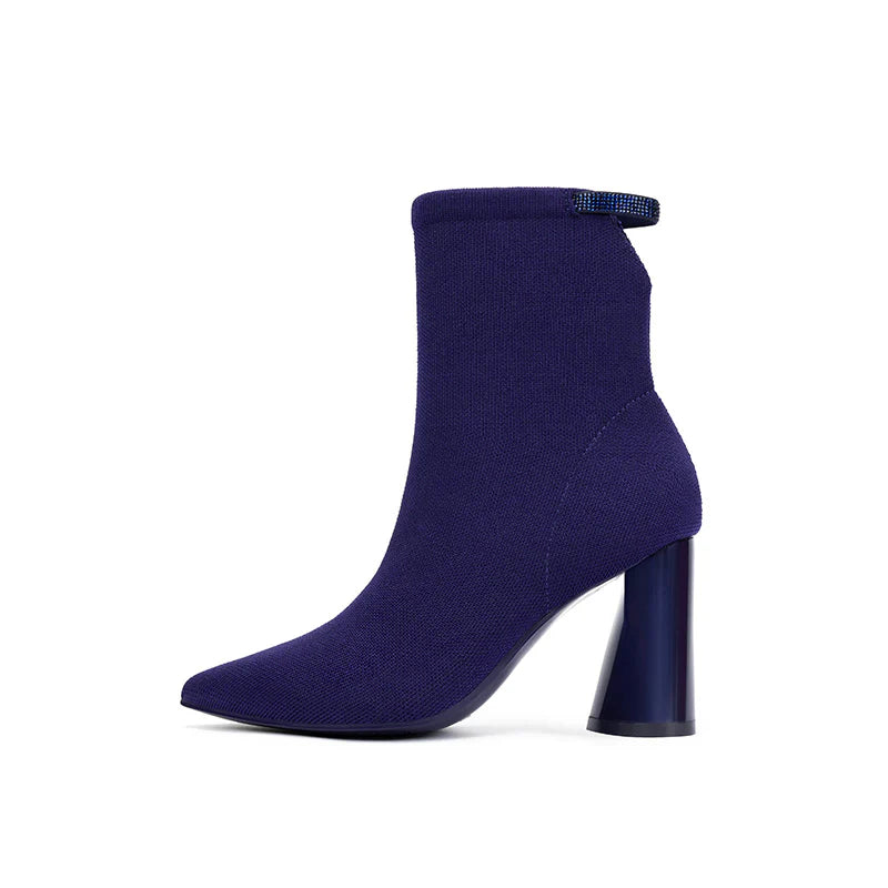 Pointed Toe Block Heel Knit Ankle Boots - Purple