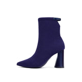Pointed Toe Block Heel Knit Ankle Boots - Purple