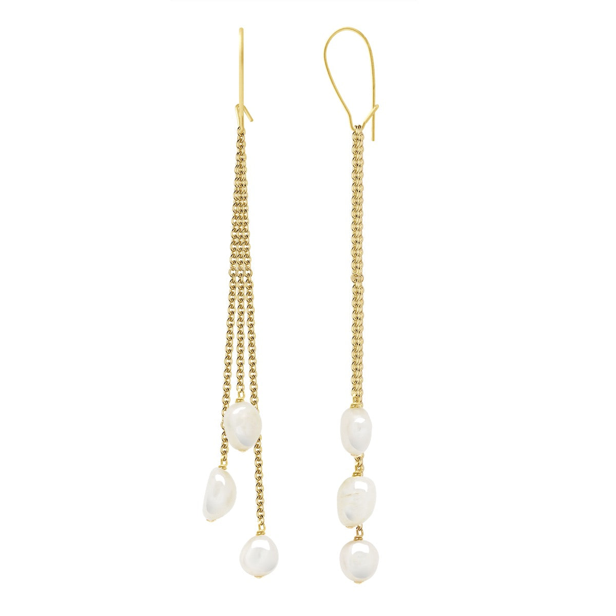 Earrings 2 X3 Real Cultured Freshwater Pearls Baroque 6-7 mm - Natural White - Longueur 18 cm