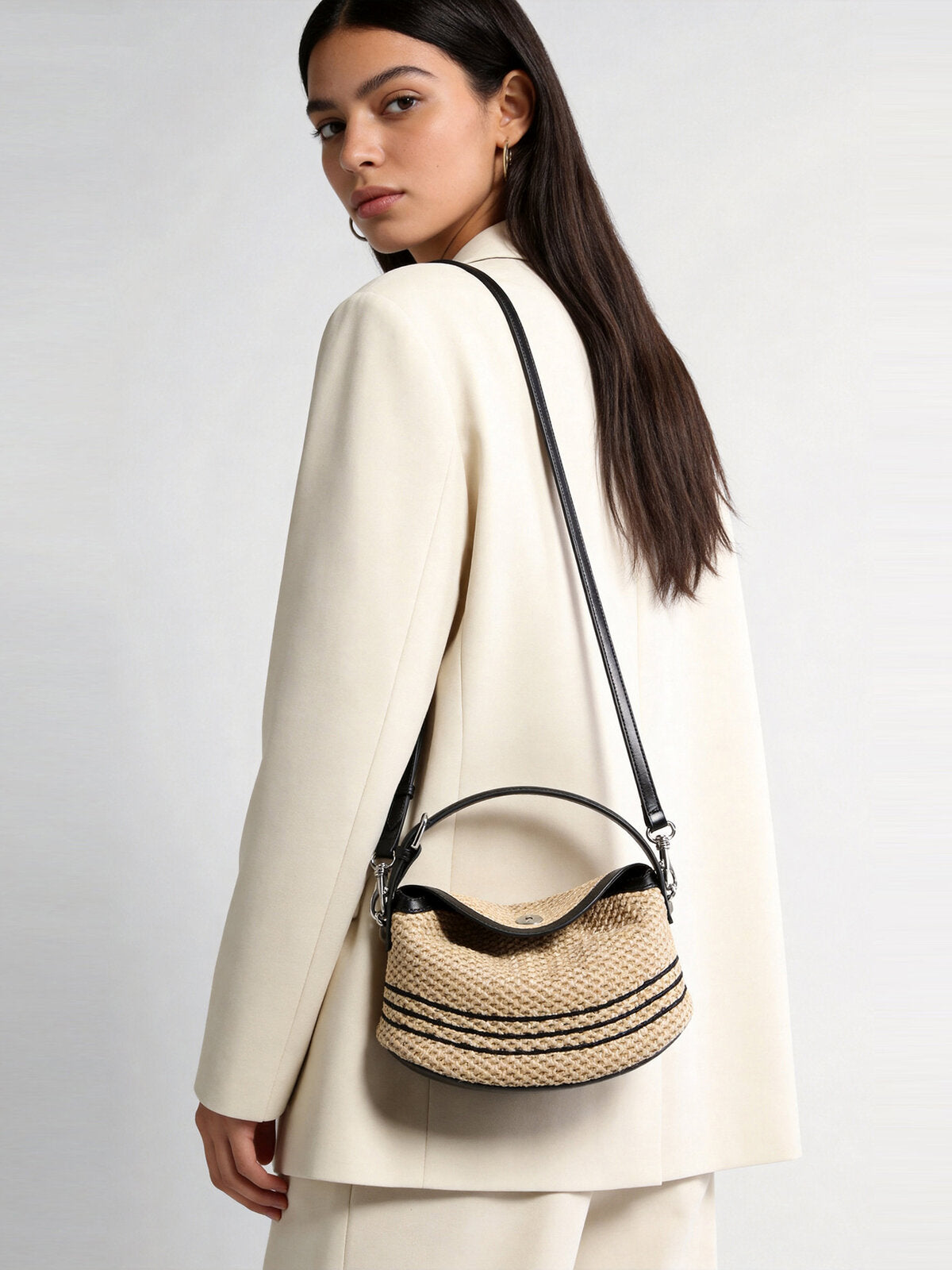 Striped Woven Straw Hobo Bag - Natural
