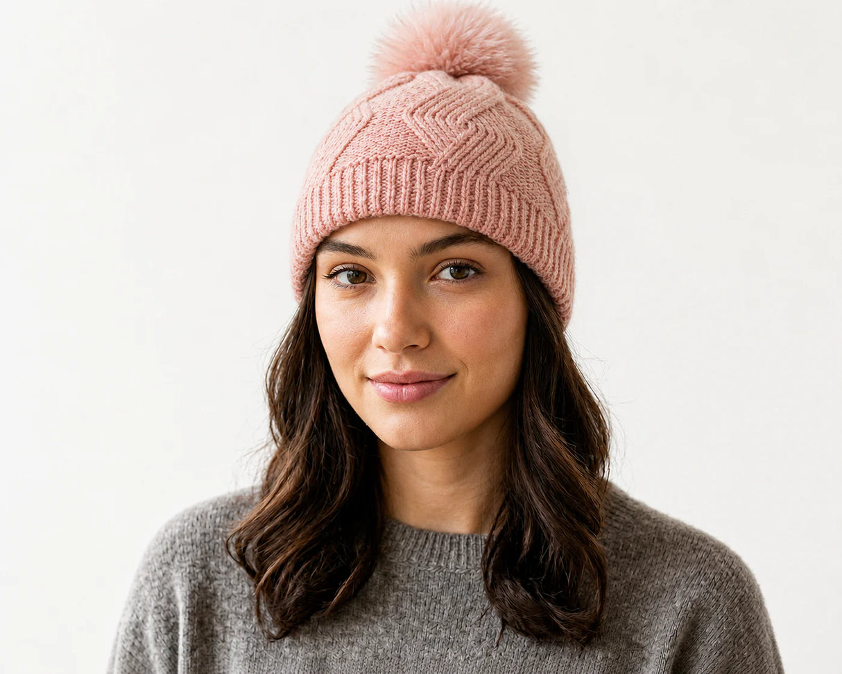 Cherry Red Braid Beanie W/ Pom Pom - Light Pink