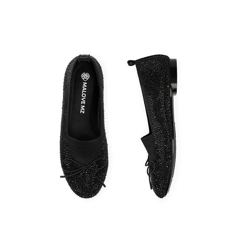Rhinestone Bow Knit Round Toe Ballet Flats - Black