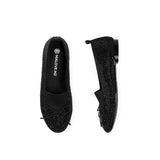 Rhinestone Bow Knit Round Toe Ballet Flats - Black