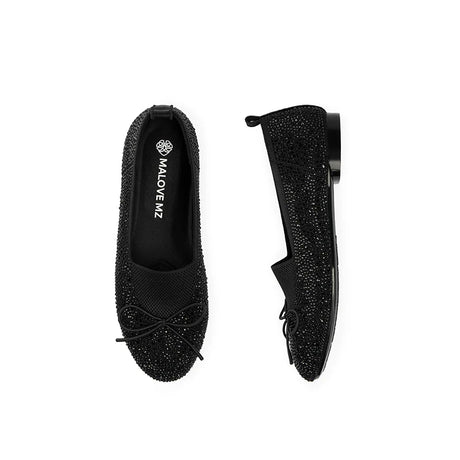 Rhinestone Bow Knit Round Toe Ballet Flats - Black