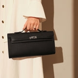 Structured Saffiano Leather Top-Handle Clutch - Black