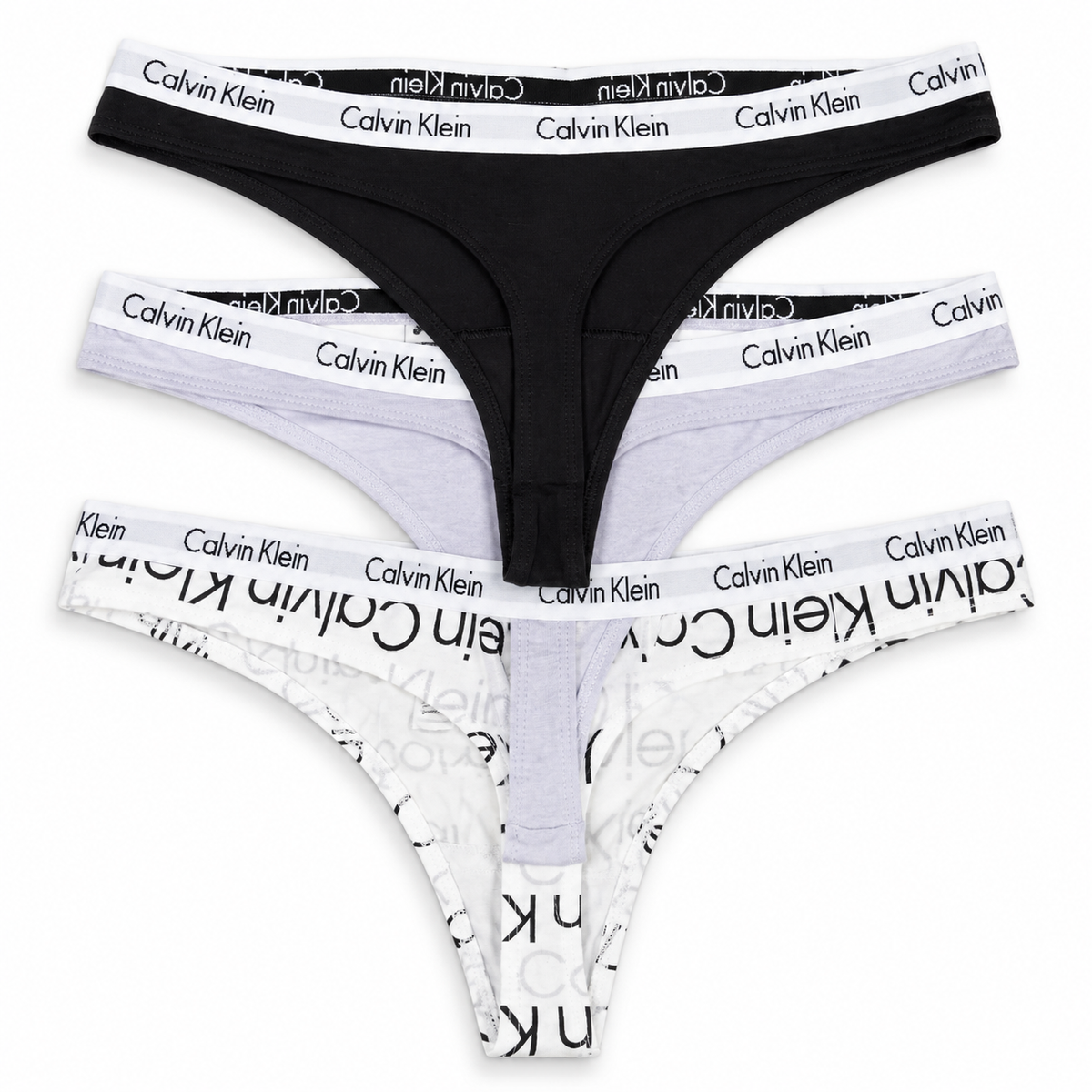 Calvin Klein Underwear Women's Carousel Thong 3Pk - Black-Lavender BlueReflected Logo Lavender Blue