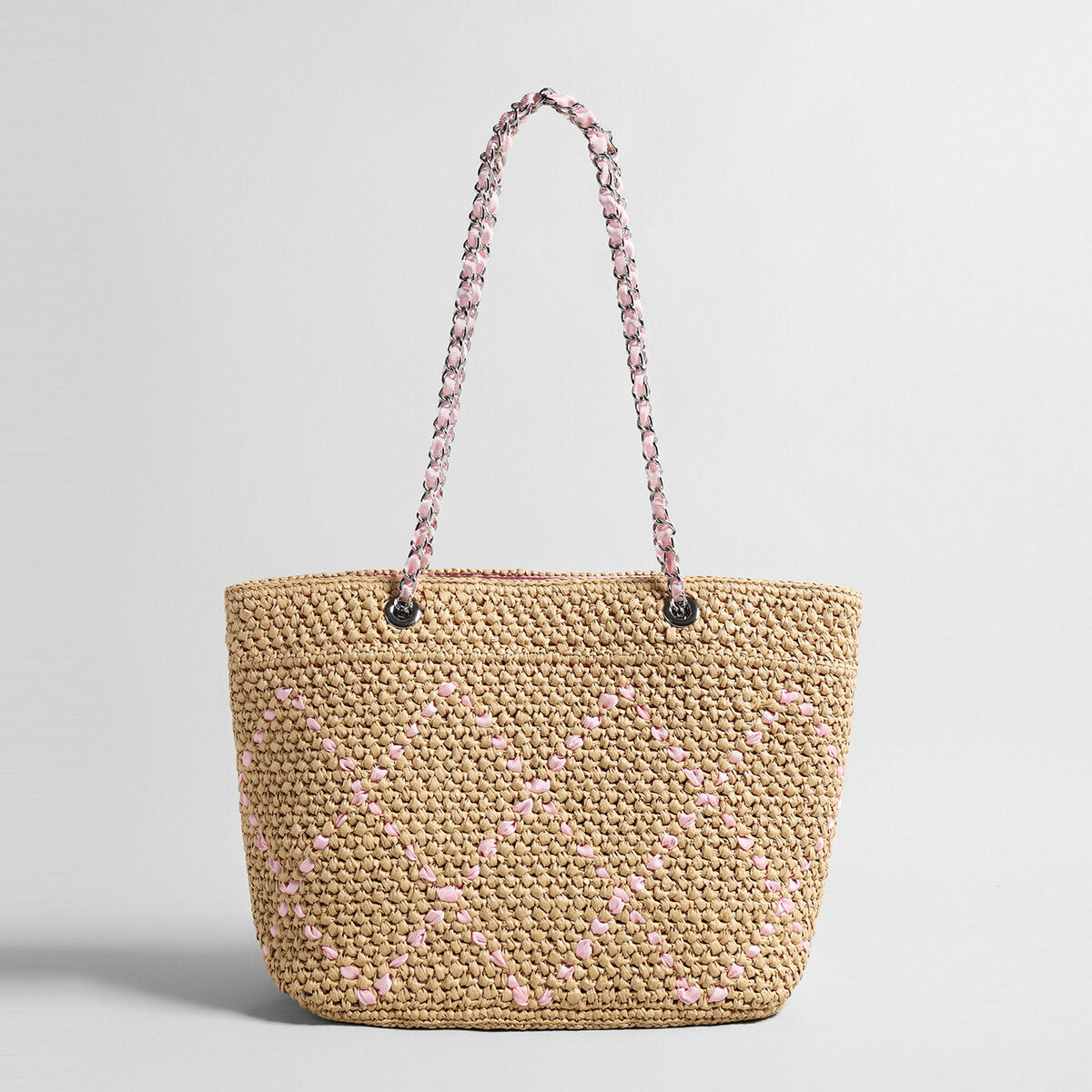 Handwoven Straw Chain Tote Bag - Pink