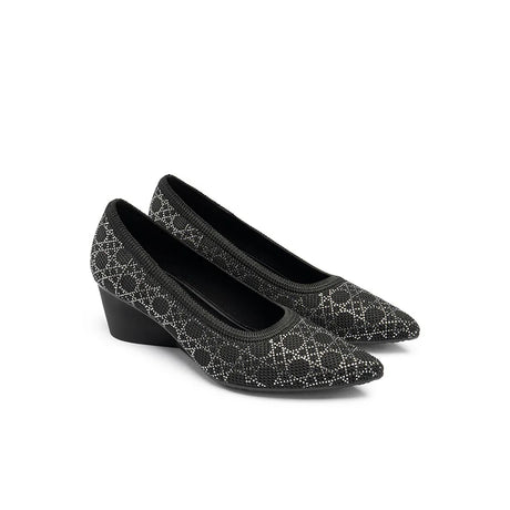 Rhinestone Check Knit Pointed Toe Wedge Pumps - Black