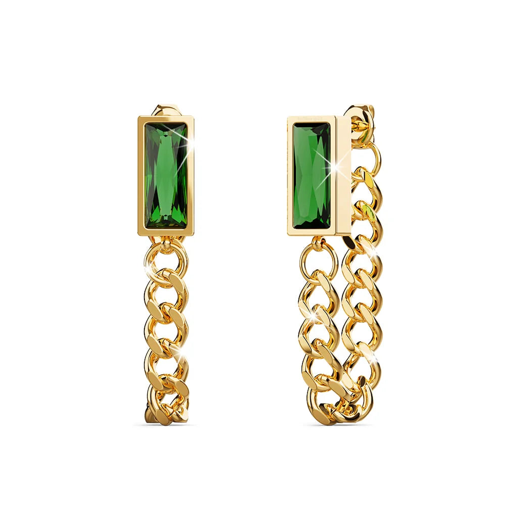 Bullion Gold Green Zirconia Dangly Stud Earrings - 35mm