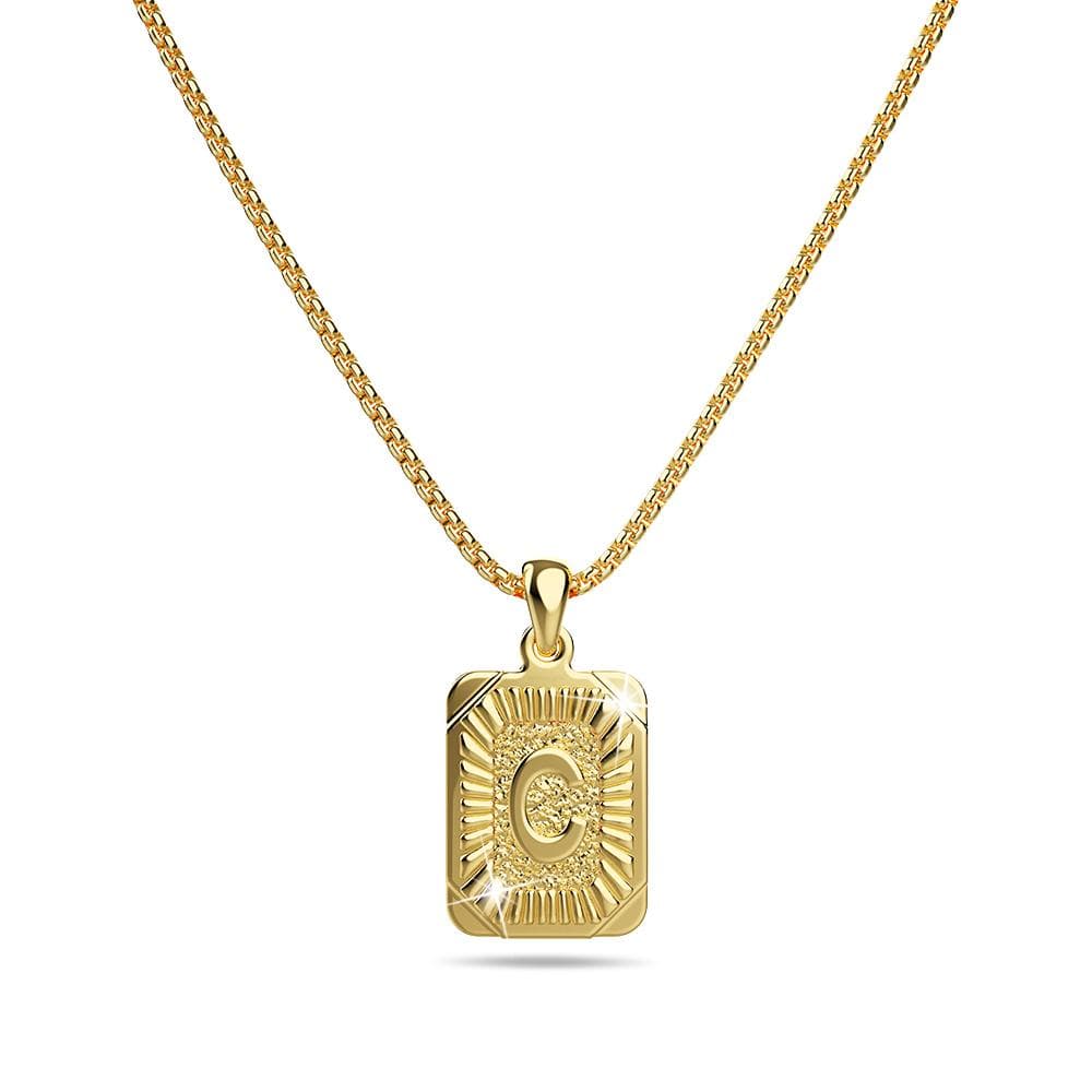 Bullion Gold Vintage Inspired Initial Medal Gold Bar Pendant Round Box Chain Necklace