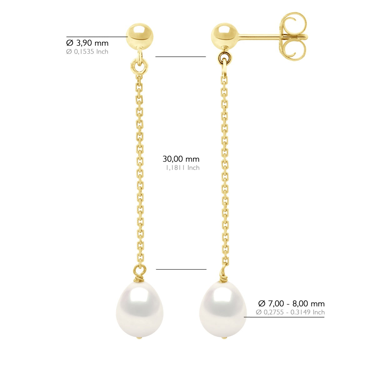 Earrings Real Cultured Freshwater Pearls Pear 7-8 mm - Natural Pearl White - Longueur 42 cm