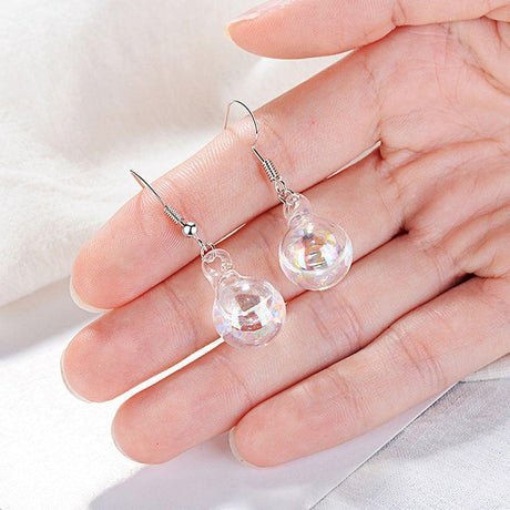 Clear Rainbow Glass Bubble White Gold Layered Drop Earrings