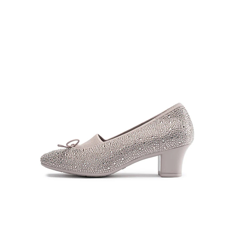 Rhinestone Bow Knit Round Toe Block Heel Pumps - Taupe