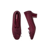 Rhinestone Bow Knit Round Toe Block Heel Pumps - Wine