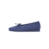Pearl Bow Heart Mesh Knit Round Toe Wedge Flats - Navy