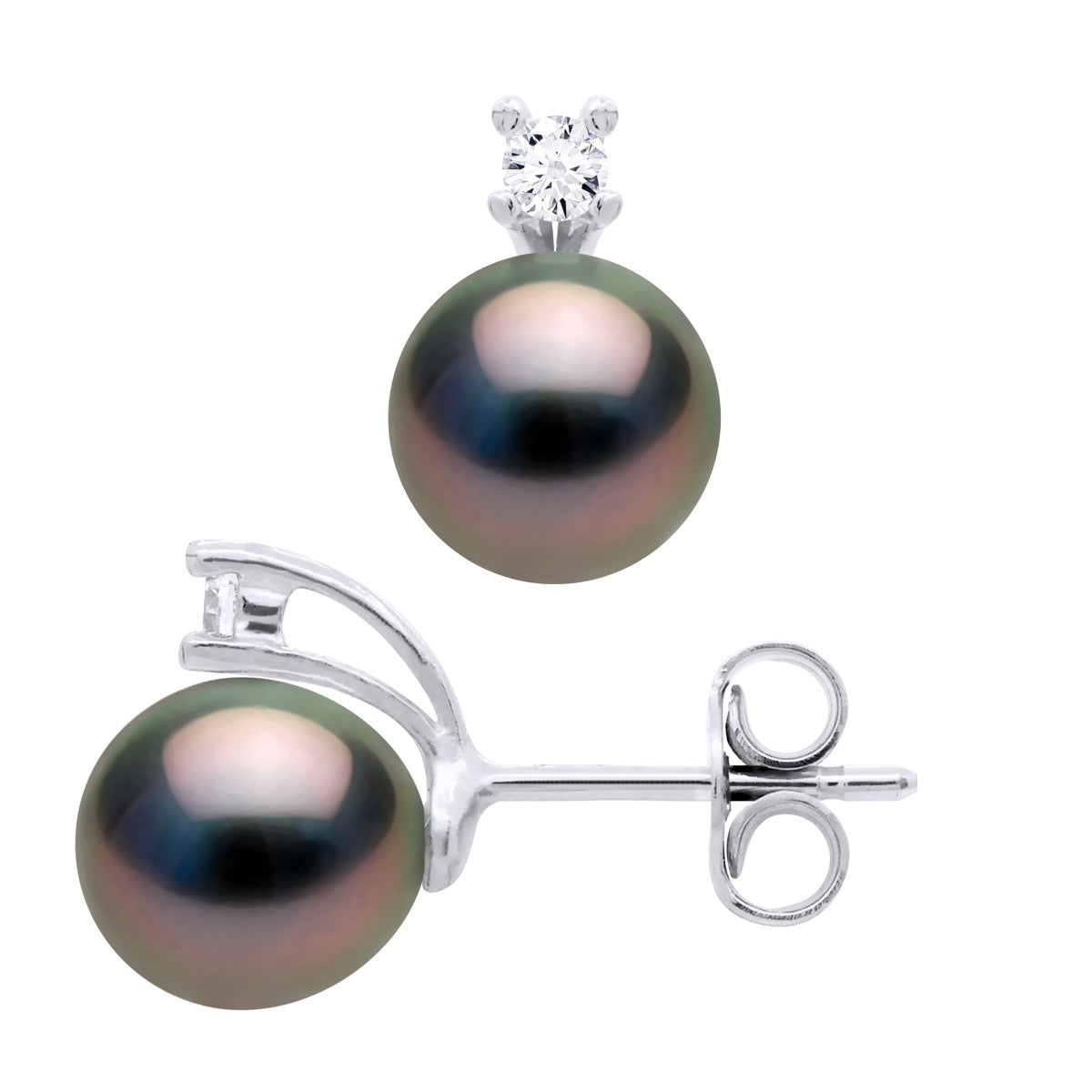 Earrings of Silver 925 & Cubic Zirconia Adorned with 2 Real Cultured Tahiti Pearls Pear 8-9 mm - Longueur 42 cm
