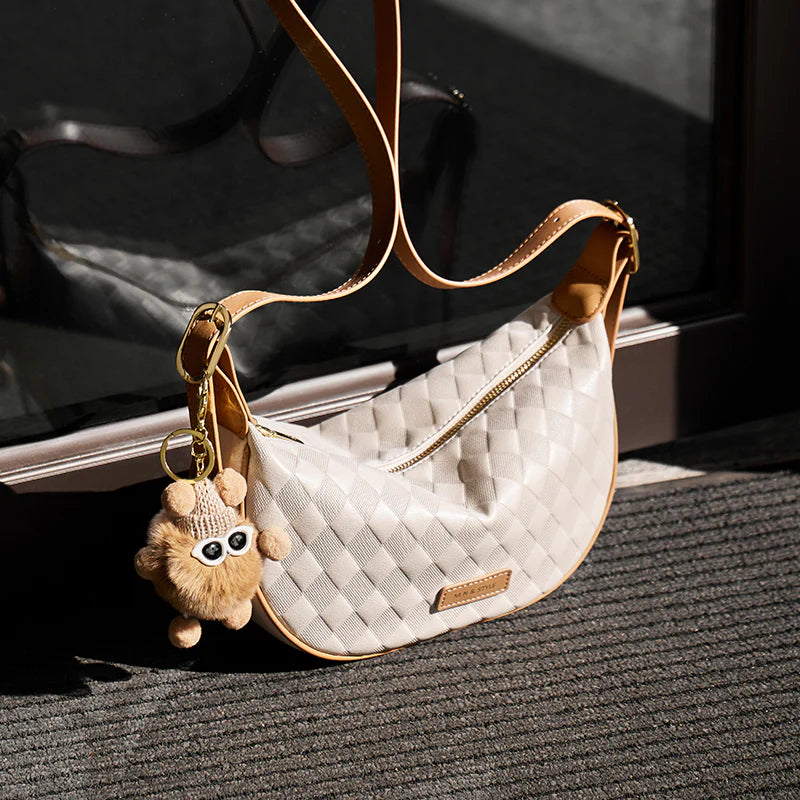 Nalandu Luna Pompom Quilted Crescent Shoulder Bag - White