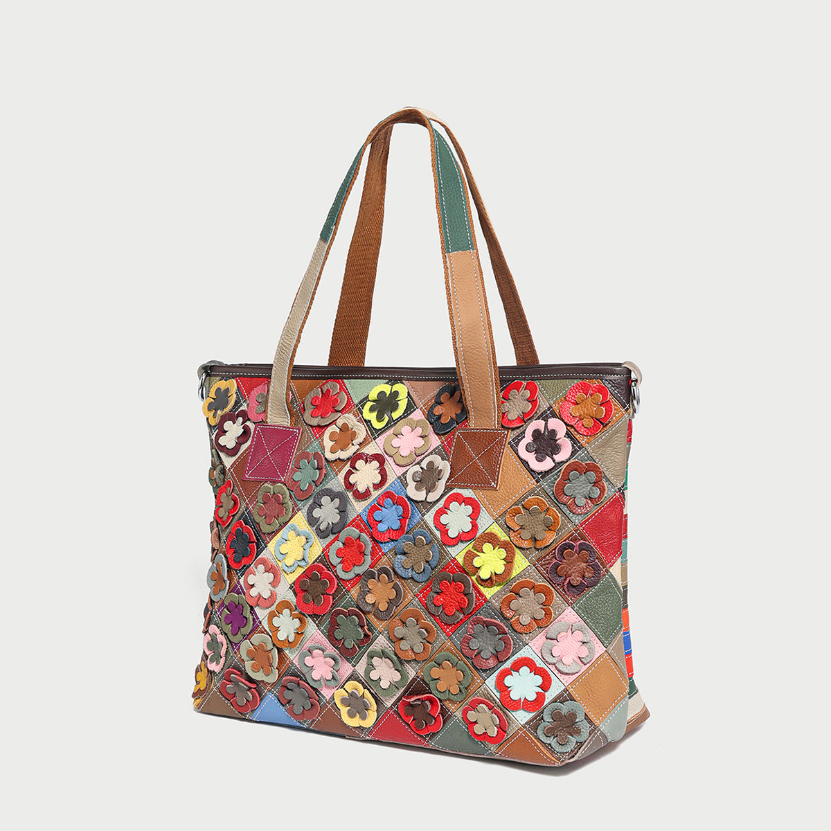 Colorful Hippie Floral Patchwork Leather Tote Bag - Rainbow