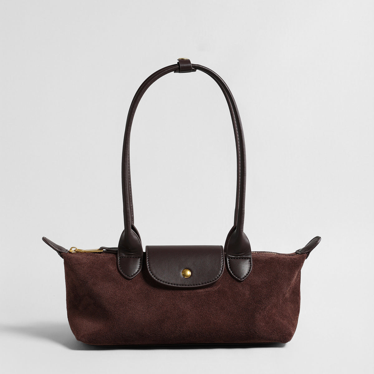 Suede Baguette Bag – Contrast Leather Shoulder Bag with Brass-Tone Snap