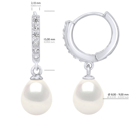 Earrings Creole Real Cultured Freshwater Pearls Pear 8-9 mm - Natural White - Longueur 18 cm