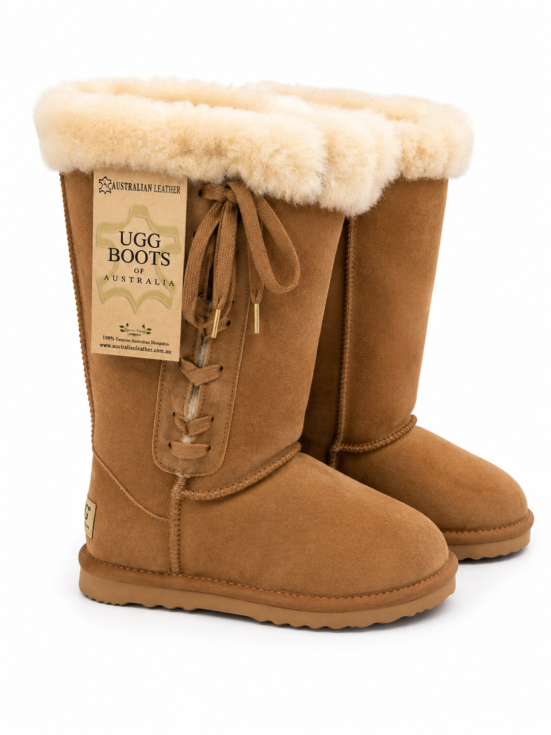 Australian Leather Ugg Tall Fur Cuff Corset Style - Chestnut - AU6