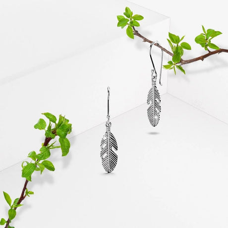 Solid 925 Sterling Silver Oxidised Feather Dangle Earrings
