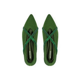 Rhinestone Cross Strap Pointed Toe Knit Flats - Green