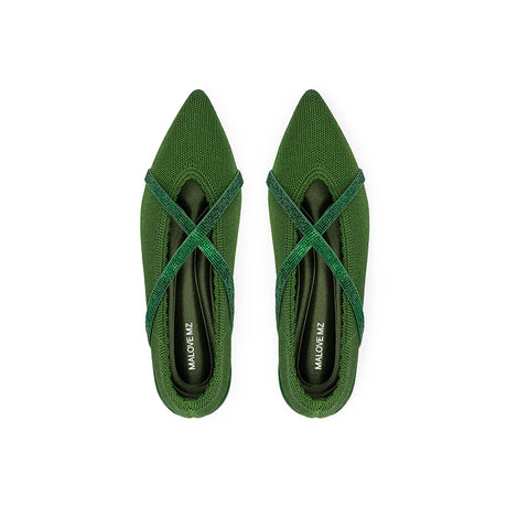 Rhinestone Cross Strap Pointed Toe Knit Flats - Green
