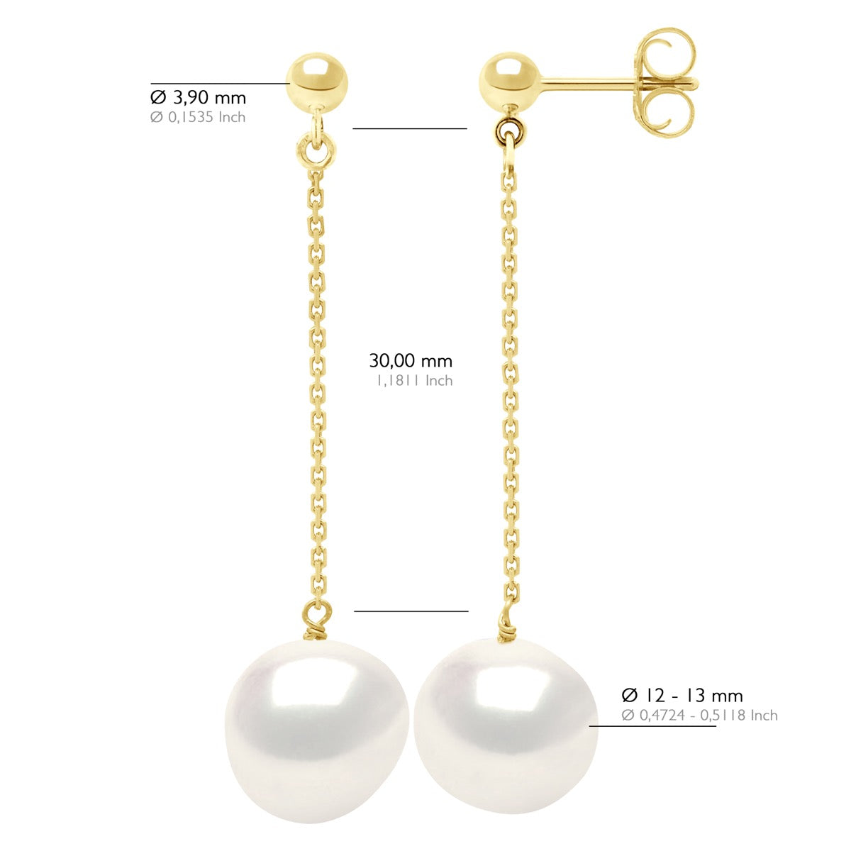 Earrings Real Cultured Freshwater Pearls Baroque 11-12 mm - Natural Pearl White - Longueur 42 cm