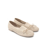 Bow Hollow Mesh Knit Round Toe Low Heel Flats - Beige