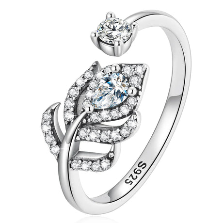 Adjustable Solid 925 Sterling Silver Crystal Feather Open Cut Ring