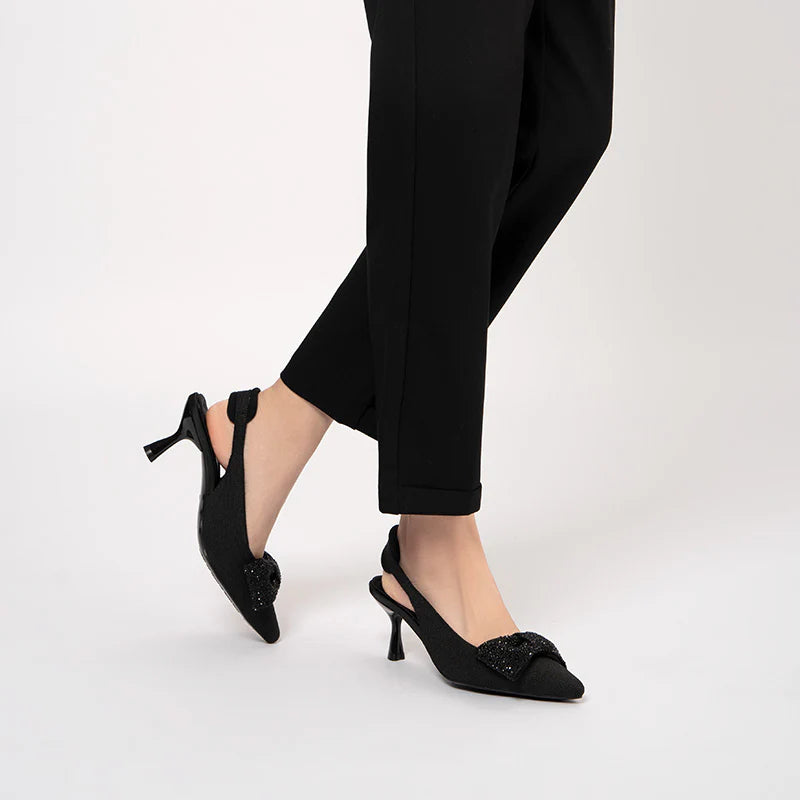Rhinestone Bow Slingback Kitten Heels - Black