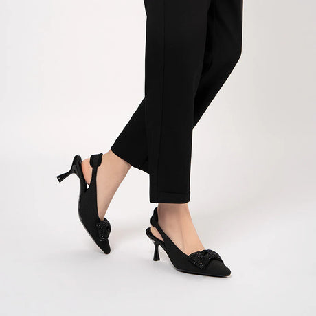 Rhinestone Bow Slingback Kitten Heels - Black